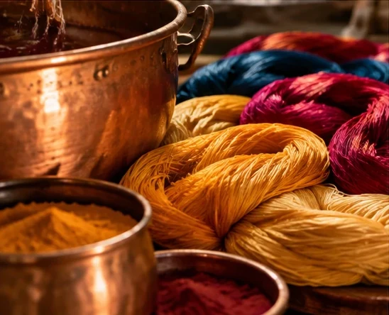 Copper vessels of turmeric and red dye beside skeins of golden, crimson and indigo silk