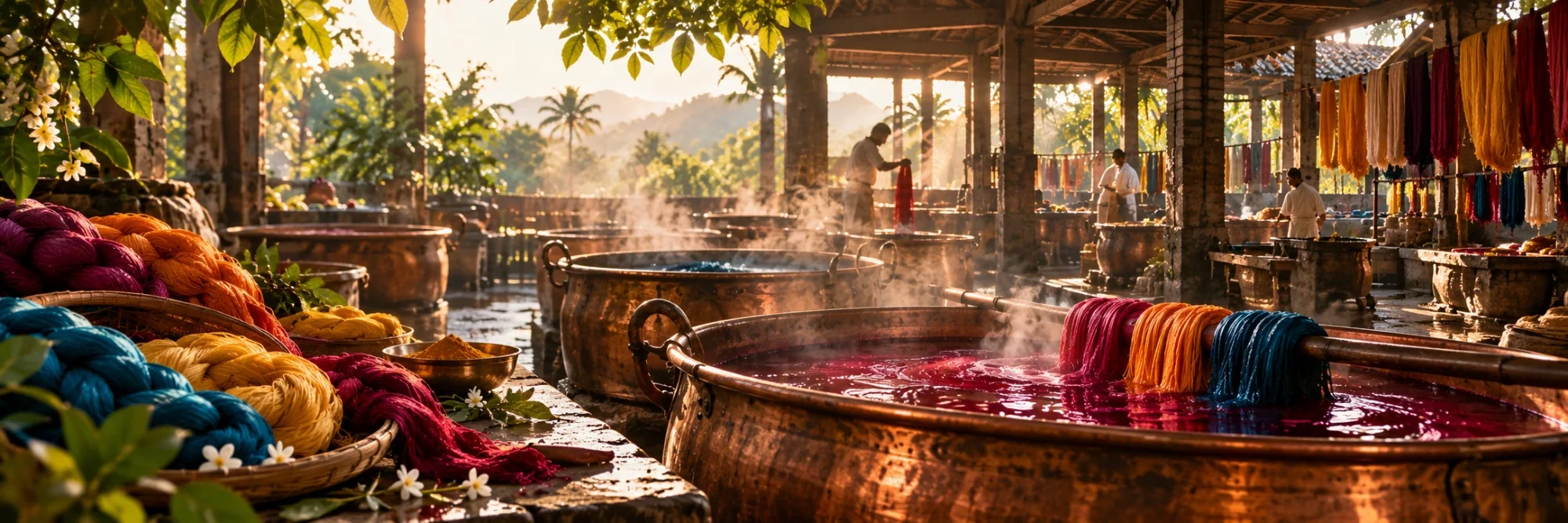 A traditional dye house in morning light: steaming copper vats, a dyer at work and hanks of coloured silk hung to dry