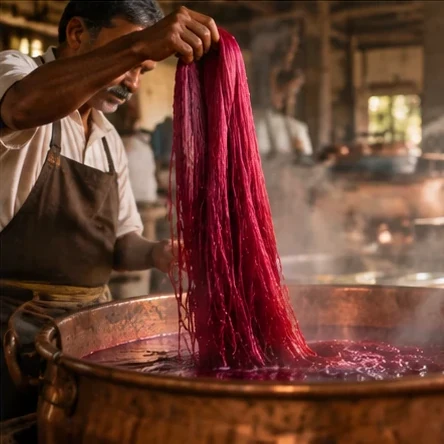 A master dyer lifts a hank of magenta silk from a steaming copper vat