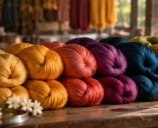 Twisted skeins of hand-dyed silk in gold, coral, plum and indigo with jasmine flowers